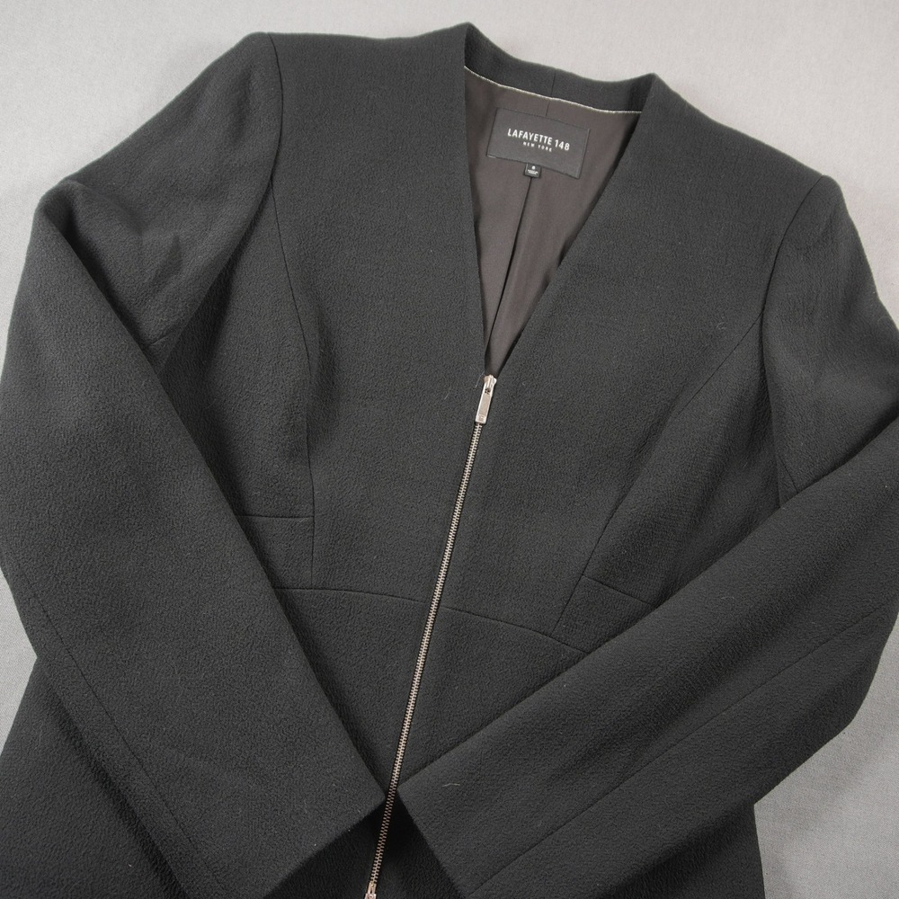 Lafayette 148 Wool Zip Front Collarless Women V Neck Jacket 8 Office Business